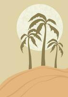 paisaje desértico, dunas soleadas e ilustración de palmeras. tonos tierra, colores beige. vector