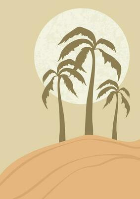 Desert landscape, sunny dunes and palms illustration. Earth tones, beige colors.