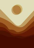 Abstract brown boho mountain landscape poster. Sun and mountains, minimalist wall decor. vector