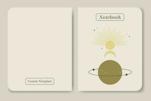 Notebook cover with outer space and planets. Saturn with satellite. vector