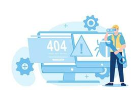 Technician fix a bug error 404, trending flat illustration vector