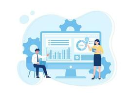 Man and woman doing presentation with data analyst trending concept flat illustration vector