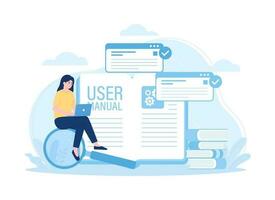 A woman reading the user manual using a laptop trending concept flat illustration vector