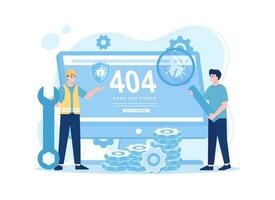 Technician fix a bug error 404, trending flat illustration vector