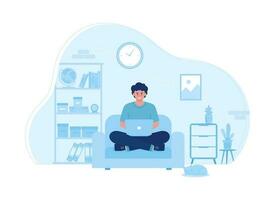 remoto laboral, un hombre trabajo desde hogar sentado en sofá tendencias concepto plano ilustración vector