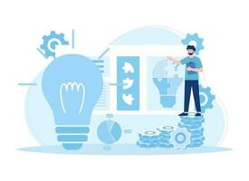 A man working with puzzle bulb idea trending flat illustration vector