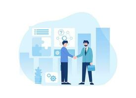 Two people shaking hands with data analyst concept flat illustration vector