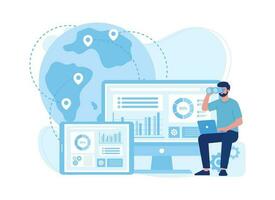 Analyzing data with people, globe and computer trending concept flat illustration vector