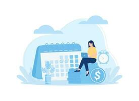Woman working on laptop with calendar and coins trending concept flat illustration vector