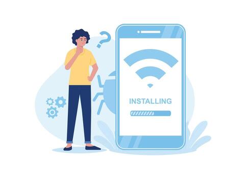 perdido inalámbrico conexión, No Wifi señal Internet en monitor teléfono inteligente tendencias plano ilustración vector