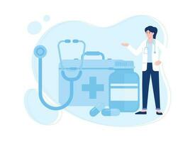 un médico con primero ayuda bolso y medicina tendencias concepto plano ilustración vector