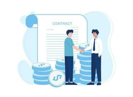 Business people shaking hands with contract papers and dollars trending concept flat illustration vector