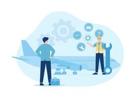 Mechanics repairing airplane before flight trending flat illustration vector