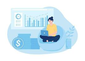 Woman sitting with data analyst and laptop concept flat illustration vector