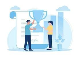 Two people holding trophies with certificates concept flat illustration vector