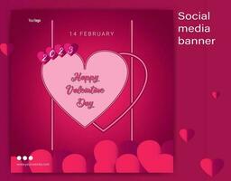 Poster or banner with blue sky and paper cut clouds. Place for text. Happy Valentine's day sale header or voucher template with hanging hearts. vector