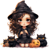 Cute Little Witch and Her Familiars and pumpkins, happy Halloween AI Generative png