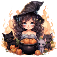 Cute Little Witch and Her Familiars and pumpkins, happy Halloween AI Generative png