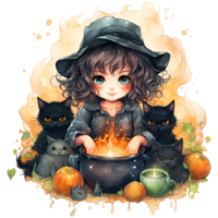 Cute Little Witch and Her Familiars and pumpkins, happy Halloween AI Generative png