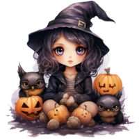 Cute Little Witch and Her Familiars and pumpkins, happy Halloween AI Generative png