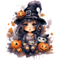 Cute Little Witch and Her Familiars and pumpkins, happy Halloween AI Generative png