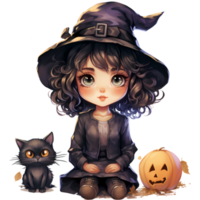 Cute Little Witch and Her Familiars and pumpkins, happy Halloween AI Generative png