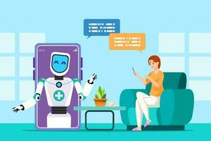 Patients at home consult about symptoms online, with robots doing preliminary diagnosis. Robot chat bot. Chat bot. Artificial intelligence. Vector illustration