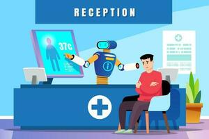 Robot doctor talking to a patient in hospital office. Receptionist at the reception desk. Robot doctor early diagnosis robot. Vector illustration