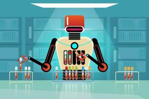 The robot handles and sorts blood samples. Medical laboratory with test tubes. Vector illustration in flat design style.