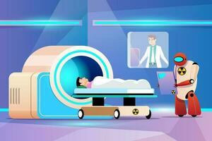 X ray room robot work with radiation of a magnetic resonance imaging MRI scanner machine and doctor. Vector illustration