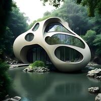 casa incrustado dentro el río terreno diseño. generativo ai. foto