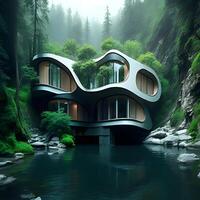 House embedded into the River terrain design. Generative ai. photo