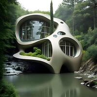 casa incrustado dentro el río terreno diseño. generativo ai. foto