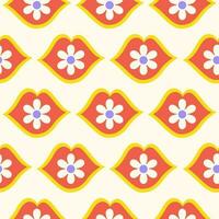 Groovy floral seamless pattern with red lips and daisy flowers . Hippie retro print for textile, wrapping paper, web design and social media in style 60s, 70s. Vector illustration