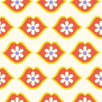 Groovy floral seamless pattern with red lips and daisy flowers . Hippie retro print for textile, wrapping paper, web design and social media in style 60s, 70s. Vector illustration