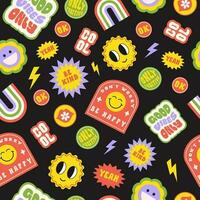 Trendy colorful cartoon stickers seamless pattern with smiling face and text. Collection of cute funny icons, positive slogans in style 70, 80s. Vector illustration