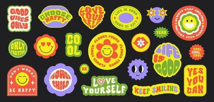 Trendy colorful set stickers with smiling face and text isolated on a black background. Collection of cartoon shapes, positive slogans in style 70, 80s. Vector illustration