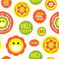 Trendy colorful cartoon stickers seamless pattern with smiling face and text on a beige background. Collection of cute funny icons, positive slogans in style 70, 80s. Vector illustration