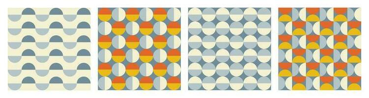 Trendy retro set geometric seamless patterns with colorful semicircles and circles. Modern abstract background. Orange, beige, yellow and blue colors. Vector illustration
