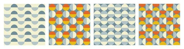 Trendy retro set geometric seamless patterns with colorful semicircles and circles. Modern abstract background. Orange, beige, yellow and blue colors. Vector illustration