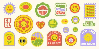 Trendy colorful set stickers with smiling face and text. Collection of cartoon shapes, positive slogans in style 70, 80s. Vector illustration