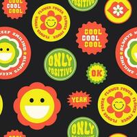 Trendy colorful cartoon stickers seamless pattern with smiling face and text. Collection of cute funny icons, positive slogans in style 70, 80s. Vector illustration