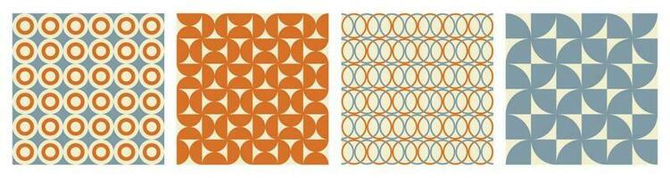 Trendy retro set geometric seamless patterns with colorful semicircles and circles. Modern abstract background. Orange, beige and blue colors. Vector illustration