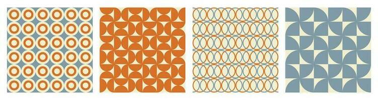 Trendy retro set geometric seamless patterns with colorful semicircles and circles. Modern abstract background. Orange, beige and blue colors. Vector illustration