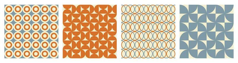Trendy retro set geometric seamless patterns with colorful semicircles and circles. Modern abstract background. Orange, beige and blue colors. Vector illustration