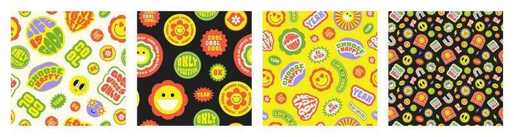 Trendy vector set colorful cartoon stickers seamless patterns with smiling face and text on a beige, yellow and black background. Collection of cute funny icons, positive slogans in style 70, 80s.