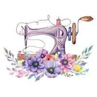 Sewing logo. Vintage sewing machine with floral wreath. Watercolor illustration on white isolated background. Hobby. Homemade hobby. Embroidery, sewing. Tailor shop logo. vector