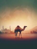 Eid Al Adha Mubarak greeting with camel and mosque, Eid Mubarak photo