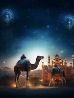 Eid Al Adha Mubarak greeting with camel and mosque, Eid Mubarak photo