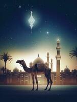 Eid Al Adha Mubarak greeting with camel and mosque, Eid Mubarak photo